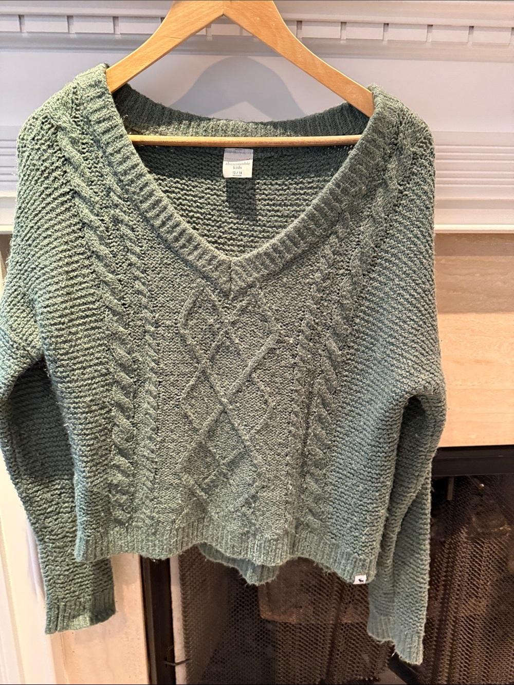 abercrombie kids Cable Knit V-Neck Sweater in Sage Green